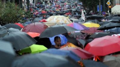 Mass of umbrellas at Greek rally