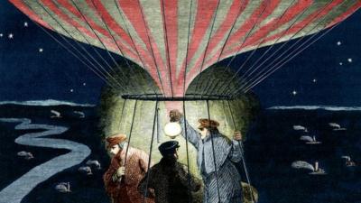 19th century hot air balloon flight at night