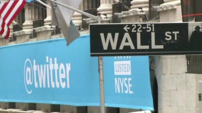 Twitter poster next to Wall Street sign
