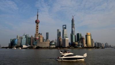 View of the skyline of the Pudong financial district in Shanghai