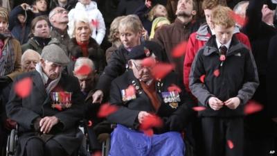 World War II veteran from Liverpool, Alan Rowe, center, watches paper poppies fall during an Armistice Day ceremony under the Menin Gate in Ypres, Belgium