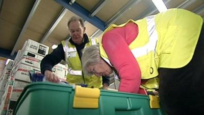 Man and woman pack aid box