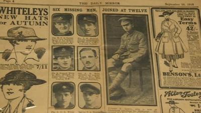 A newspaper report in the Mirror in 1916 confirming Sidney Lewis was 12-years-old when he enlisted in World War 1