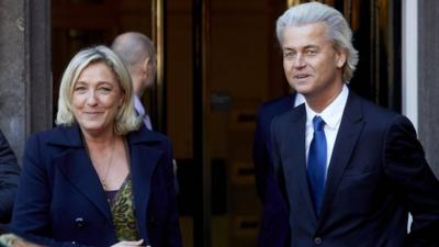 Eurosceptic Dutch politician Geert Wilders (right) and French National Front leader Marine Le Pen, 13 Nov 13