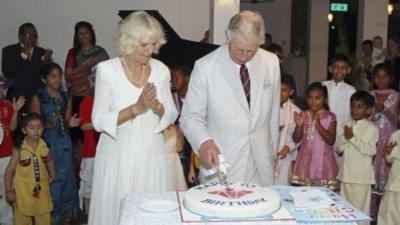 Prince Charles cuts a birthday cake next to his wife Camilla, Duchess of Cornwall,