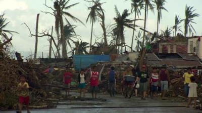 Devastated street in the Philippines