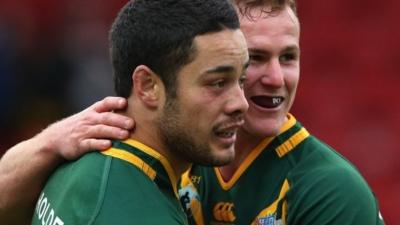 Jarryd Hayne celebrates after scoring his fourth against USA at Racecourse Ground