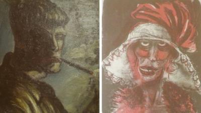 A combination of two formerly unknown paintings by German artist Otto Dix are beamed to a wall November 5, 2013, in an Augsburg courtroom during a news conference