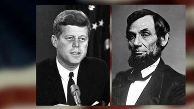 Composite image with portraits of JFK and Abraham Lincoln