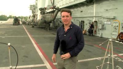 The BBC's Jonah Fisher reports from HMS Illustrious, docked in Singapore