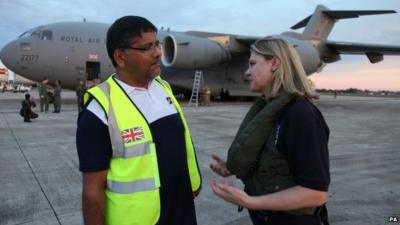 Justine Greening MP (right), being greeted by UK Ambassador to the Philippines Asif Ahmad