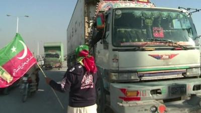 Protester and truck