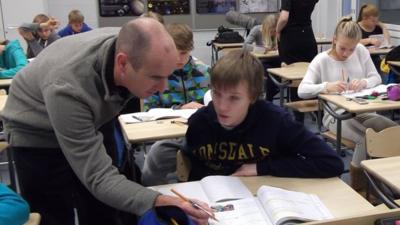 Bangor maths teacher Chris Parry visits a school in Vantaa, Finland