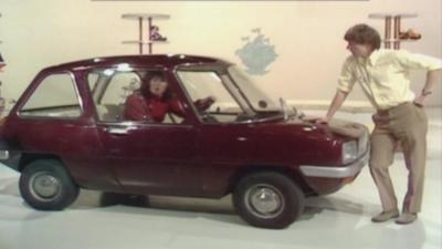 Valerie Singleton and John Noakes with the Enfield 8000 on Blue Peter