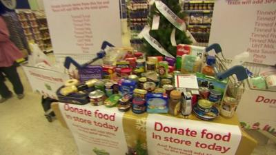 Food donations on a table in Tesco