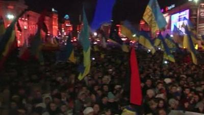 Protesters waving flags in Kiev's European Square