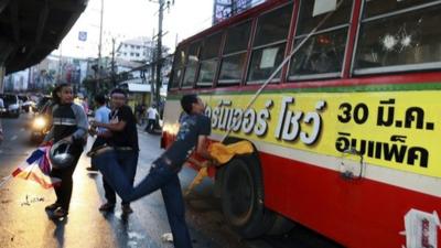 Anti-government protesters attack a bus