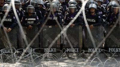 Riot officers outside Thai police HQ