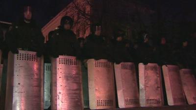 Police line streets in Kiev