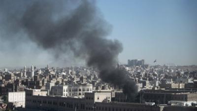 Smoke rises from the Defence Ministrys compound after an attack, in Sanaa