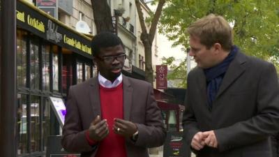 The BBC's Christian Fraser talks to Fulbert, a refugee from the Central African Republic who now lives in Paris