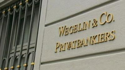 A sign reading 'Wegelin and Co Privatbankiers' on the side of a building