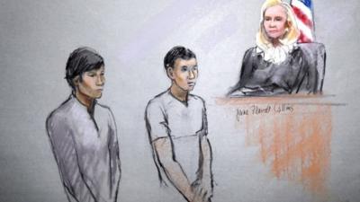 This courtroom sketch signed by artist Jane Flavell Collins shows defendants Dias Kadyrbayev, left, and Azamat Tazhayakov appearing in front of Federal Magistrate Marianne Bowler at the Moakley Federal Courthouse in Boston 1 May 2013