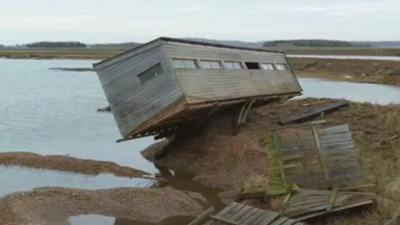 Damaged bird hide at Snettisham