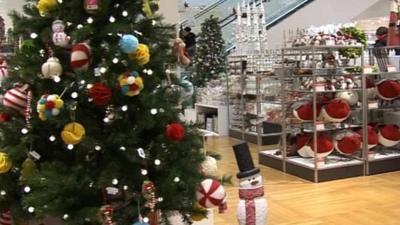 Christmas tree and snowman in a shop