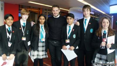 John Whaite with the School Reporters from The Compton School