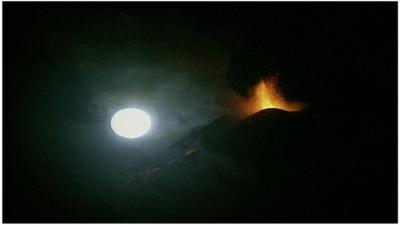 Mount Etna eruption in view of moon