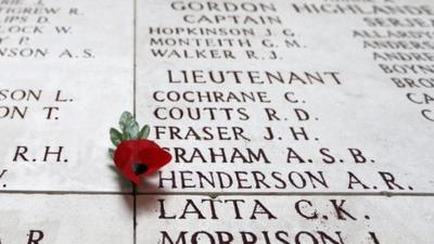 Soldiers names engraved in memorial in Ypres