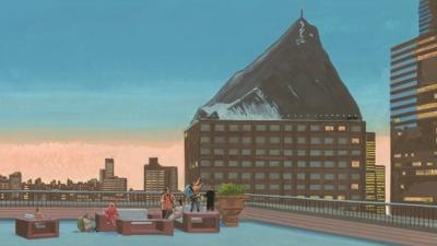 Painting of people on a Manhattan balcony looking up at the top of Mount Everest