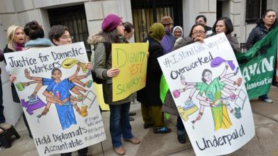 A group supporting domestic workers' rights protests outside the Indian consulate in New York