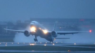 A plane takes off at Heathrow Airport