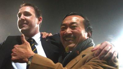 Former Cardiff manager Malky Mackay (l) and owner Vincent Tan