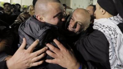 Released prisoner hugged by relatives