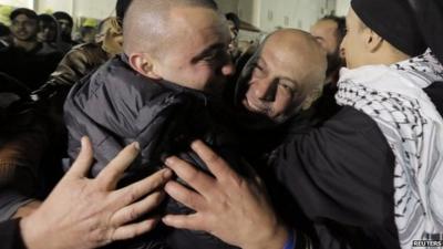 Released prisoner hugged by relatives