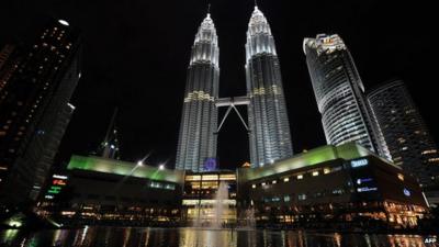 Night view of Petronas Towers in Malaysia