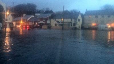 Flood water at High Street, Laugharne, Carmarthenshire