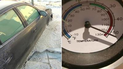 Frozen car in Canada and thermometer in Australia
