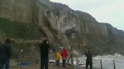 Part of the Rock-a-Nore cliff falls into the sea near Hastings