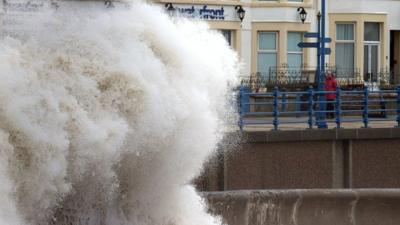 Waves break on Porthcawl seafront