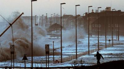 Water covers the coastal roads at Clevelys near Blackpool