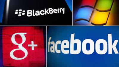 Company logos of Blackberry, Microsoft, Google and Facebook