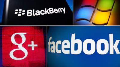 Company logos of Blackberry, Microsoft, Google and Facebook