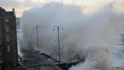 Aberystwyth seafront being pounded by the waves