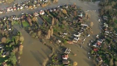 Aerial of Thames flooding