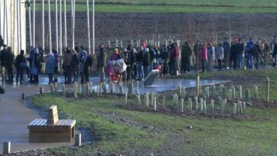 Crowds queuing outside the new Stonehenge visitor centre