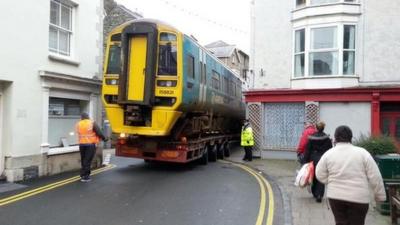 Train being taken through Barmouth